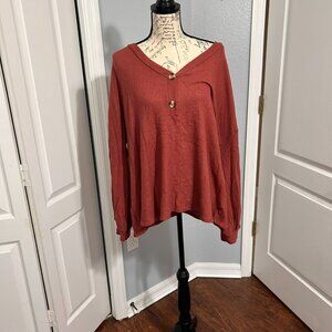 Fantastic Fawn Womens Large Rust Henley Sweater Oversized Soft Knit Top